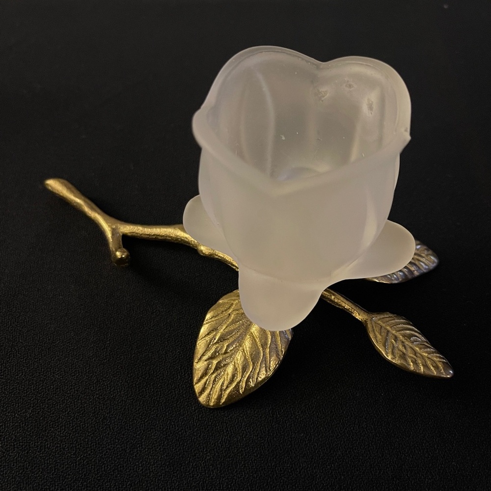 ROSE & STEM CANDLE HOLDER - Frosted Glass Brass - Votive - Vintage - Picture 2 of 4